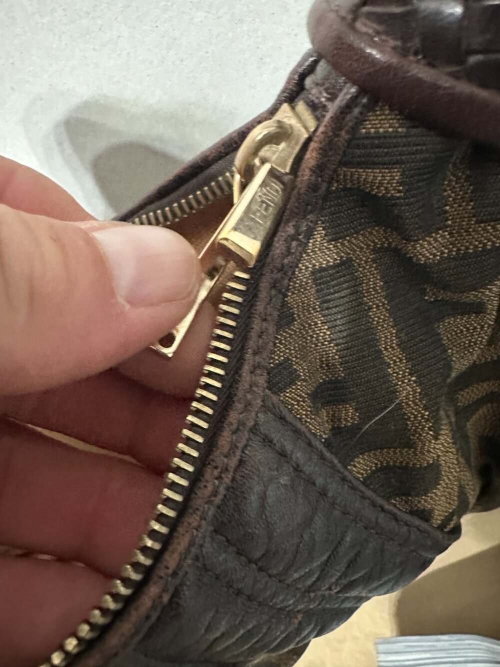 Fendi Zucca FF Monogram Spy Hobo Braided Handle Ostrich Original Tag Missing zip - Picture 11 of 12